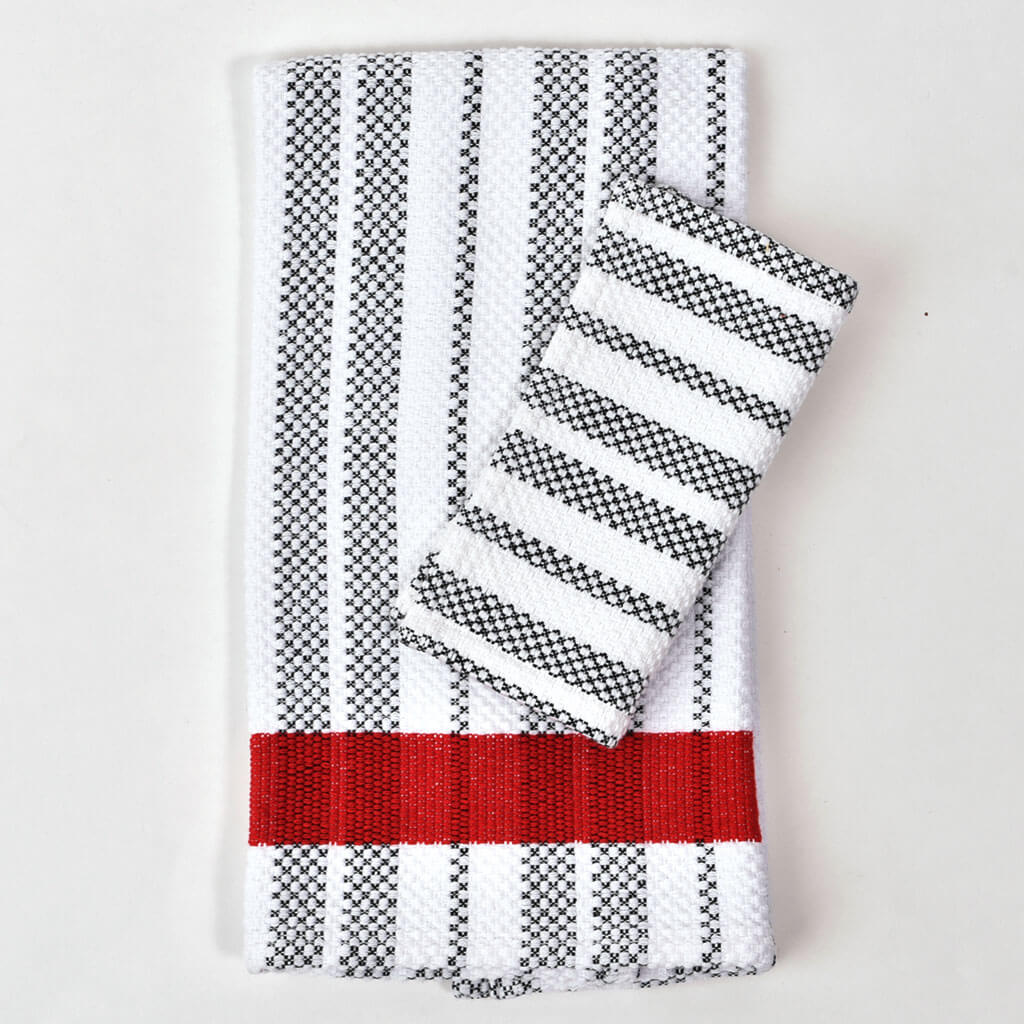 black and white stripe red border dish cloth towel set