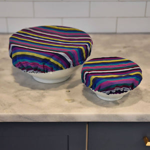 Large and small cobalt with stripes bowl cover. 