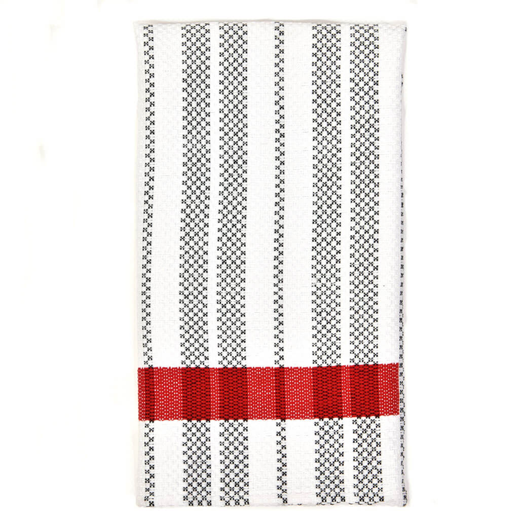 Hand Woven Hache Dish Towels | Black & White Stripes with Red Border
