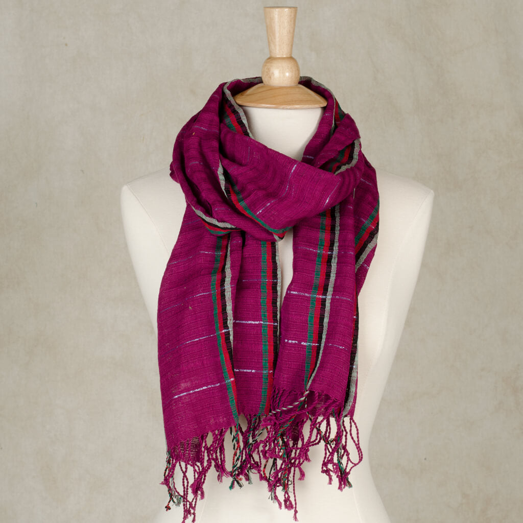 Hand Woven Fringed Scarf | Magenta Sparkle