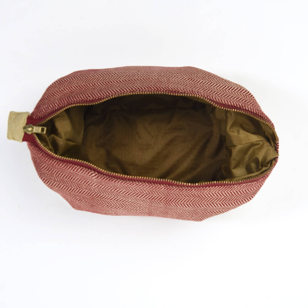 Hand Woven Toiletry Bag | Maroon Herringbone with Khaki Herringbone Base