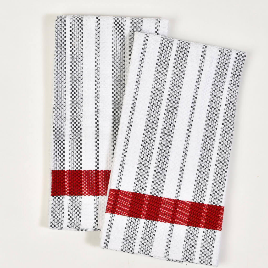 Hand Woven Hache Dish Towels | Black & White Stripes with Red Border