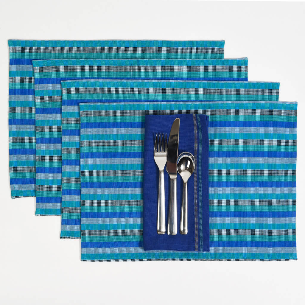 4 Blue Cuadritos placemats with Cobalt Celebration napkin and silverware