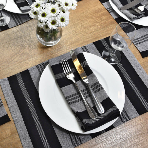 Black & Gray Stripe Cotton Placemat Set Fair Trade Mayamam Weavers