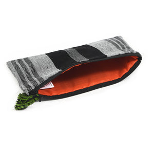 Black and  gray with orange interion, pencil case.