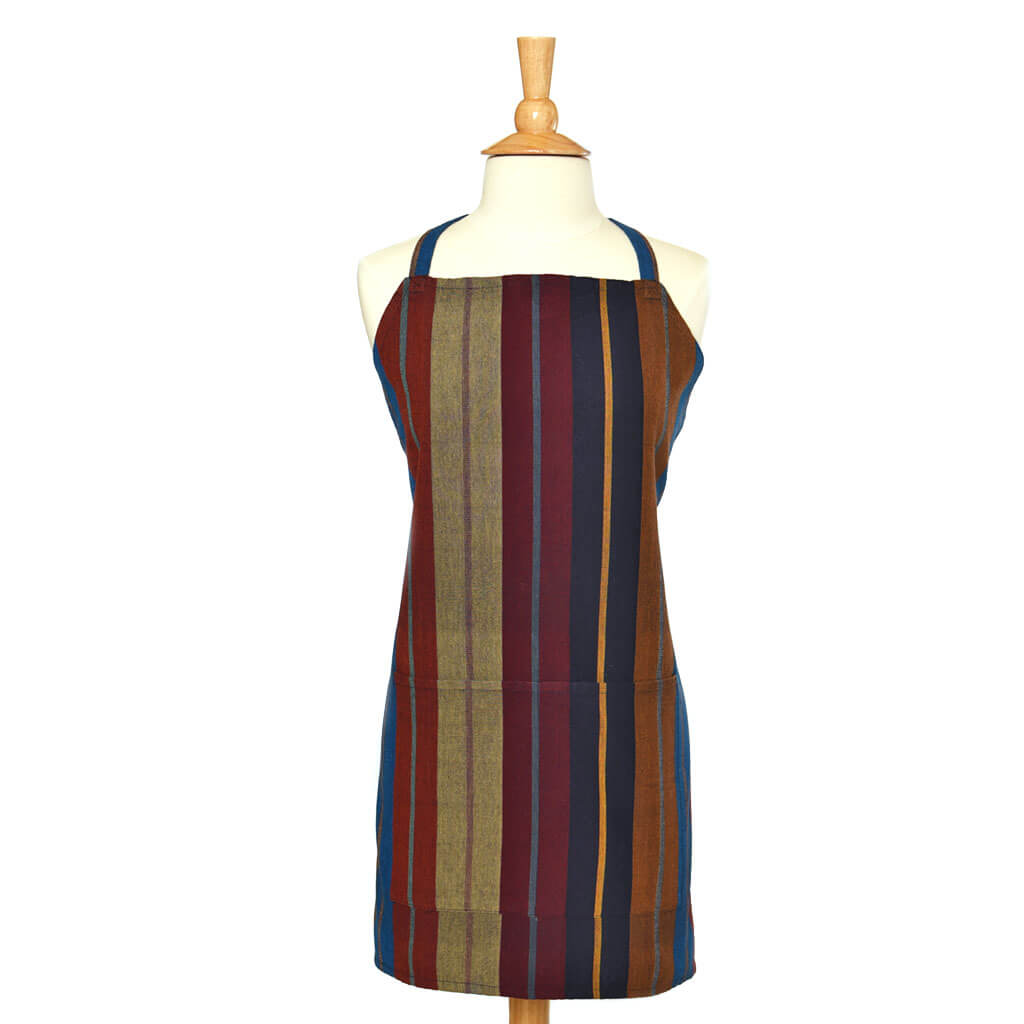 Navy blue, maroon and yellow bib apron. 
