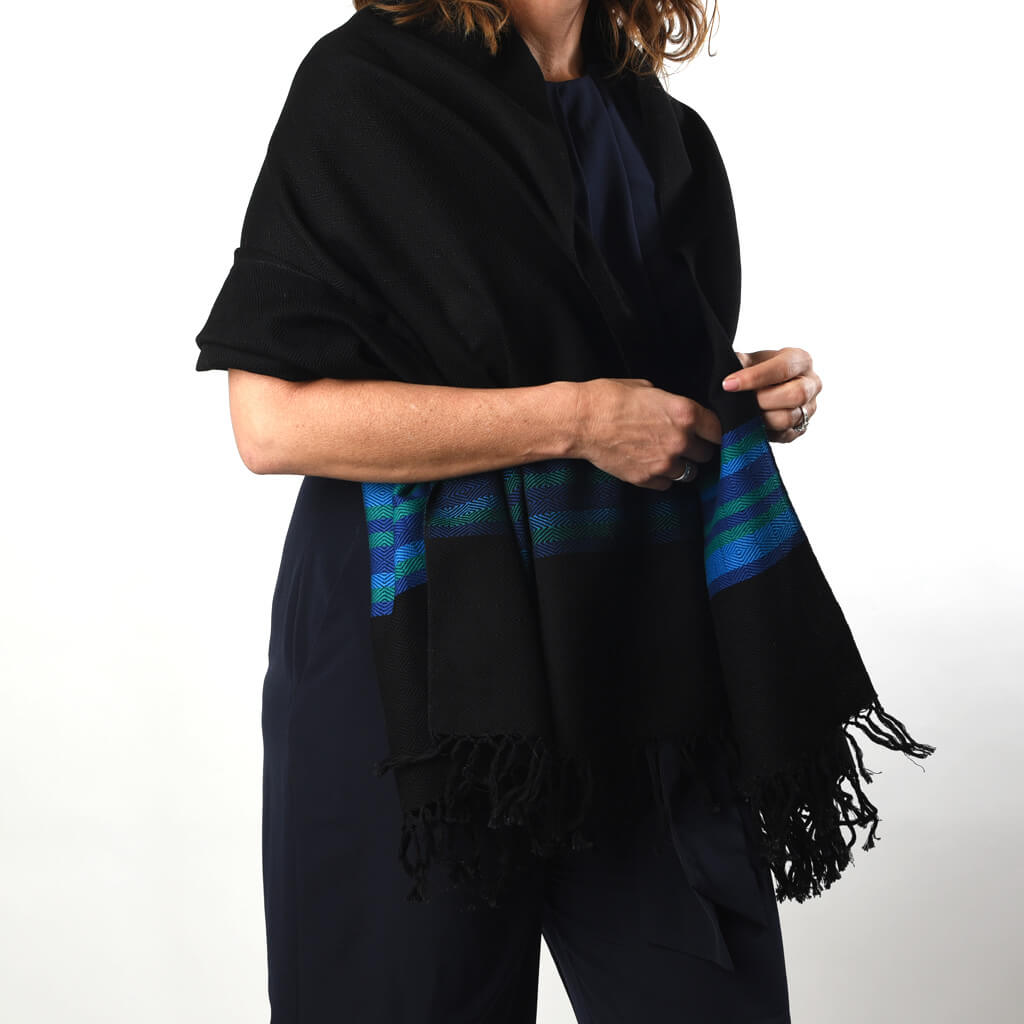 Hand Woven Border Wraps | Black with Blues