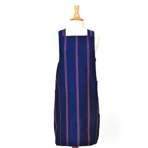 Blue with red and white stripes, crossback apron. 