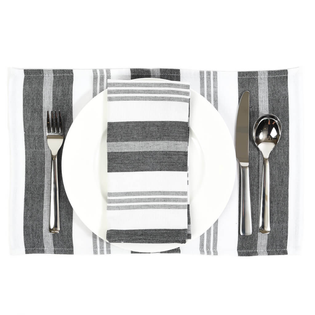 Hand Woven Striped Placemat Set | Black & White Stripes