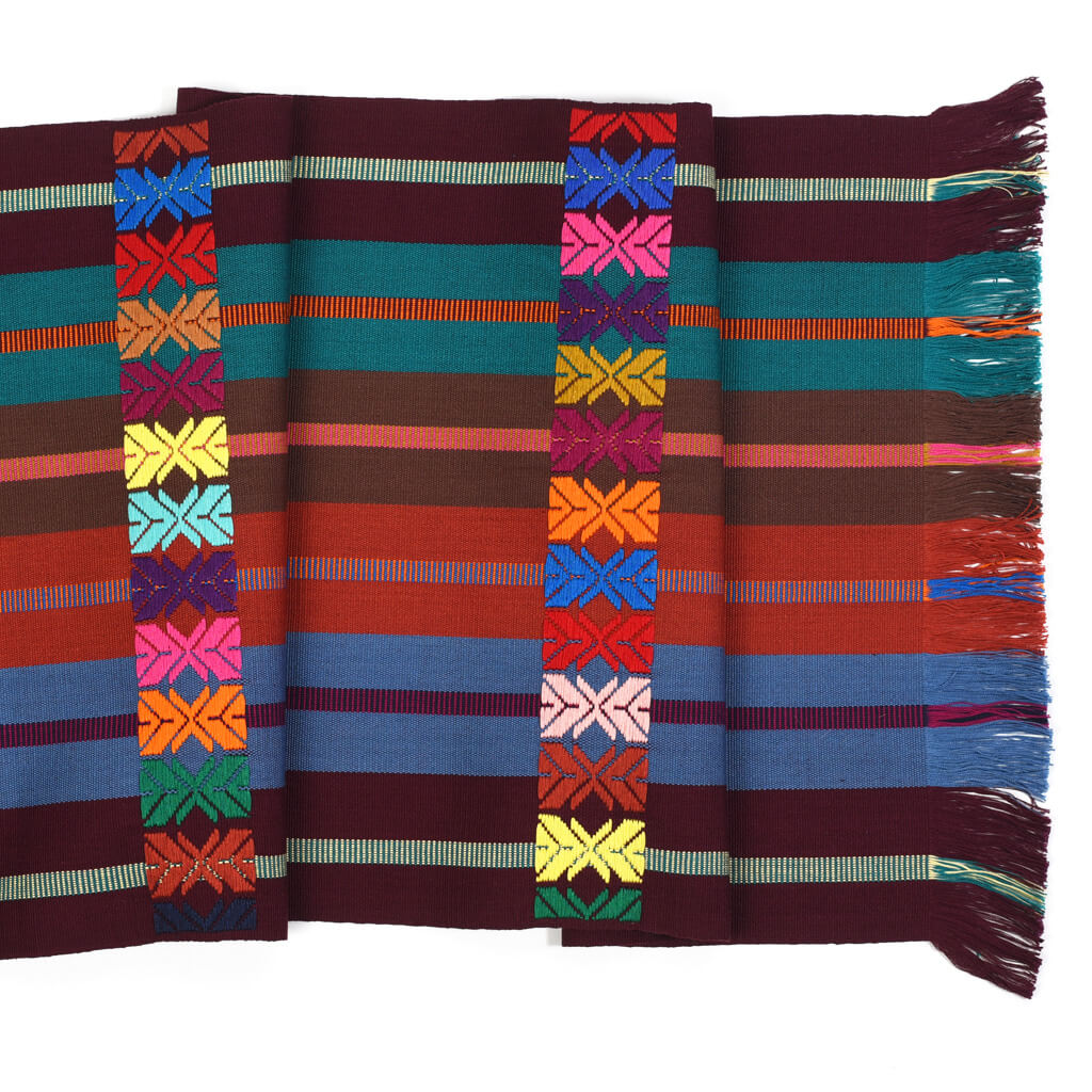 Guatemala weaving table runner eggplant multi tone with embroidery