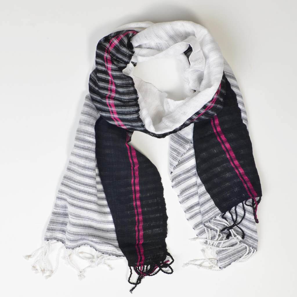 Hand Woven Fringed Scarf | Black & White Block with Magenta