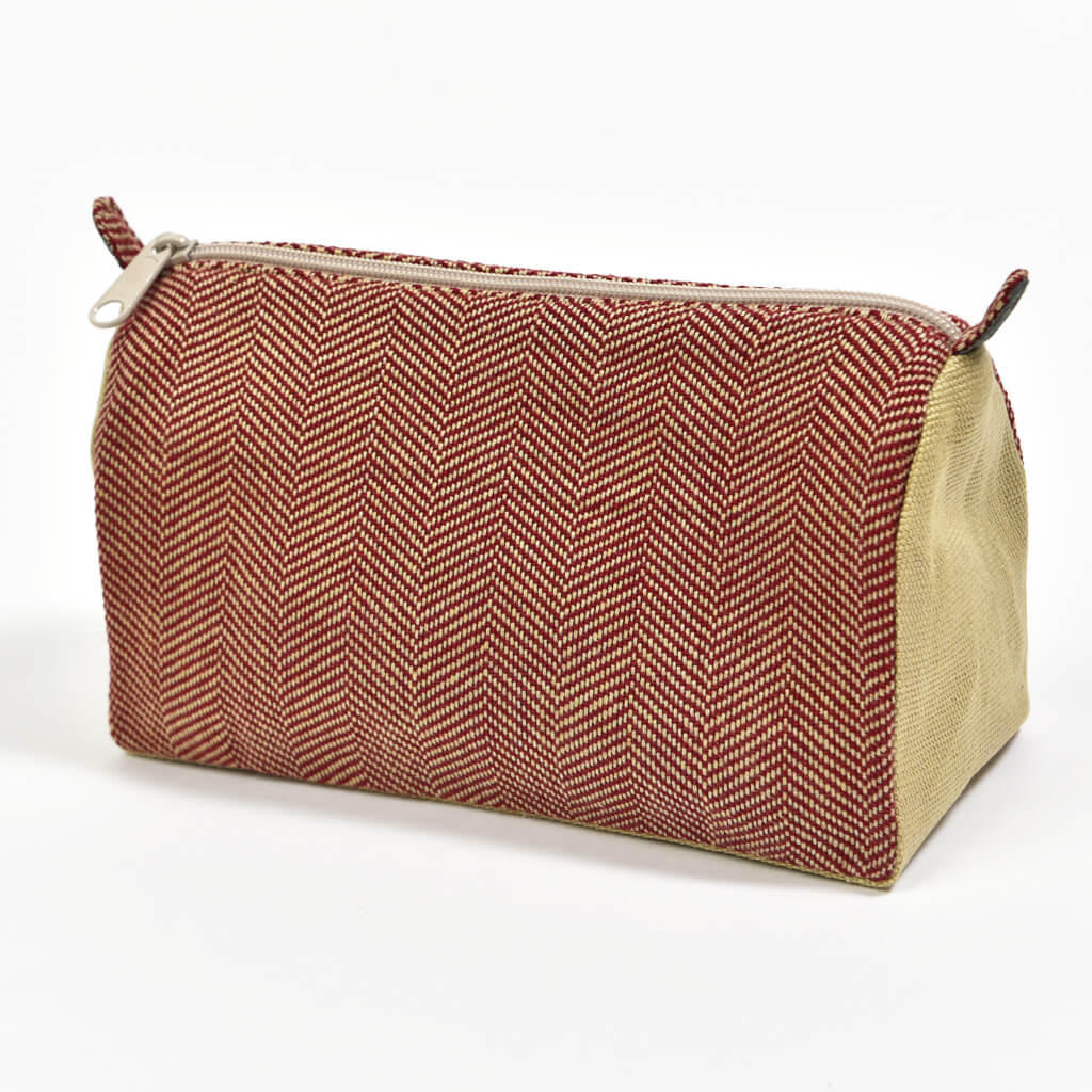 Hand Woven Cosmetic Bag | Maroon & Khaki Herringbone