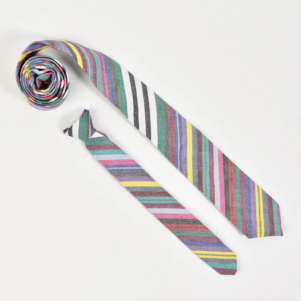 Hand Woven Men's & Boy's Tie Matching Set | Soft Multi Stripe
