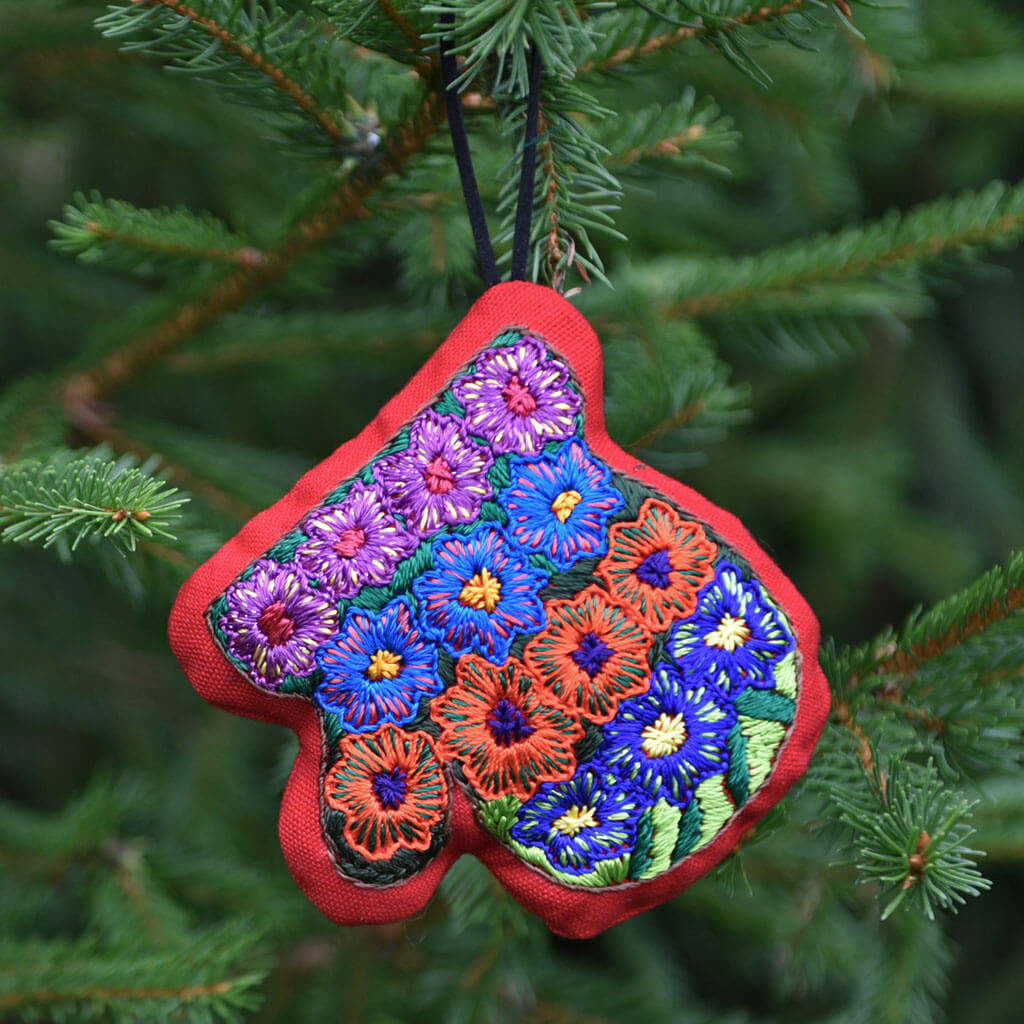Mitten hand embroidery Christmas ornament.