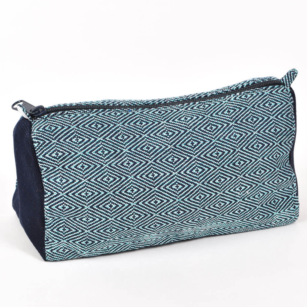 Hand Woven Cosmetic Bag | Turquoise Navy Diamonds