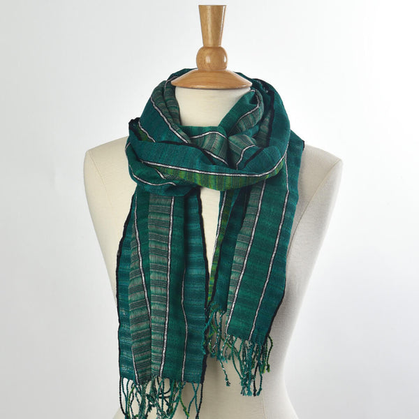 Fringed Handwoven Scarf Green Stripes Benefit Women Mayamam Weavers
