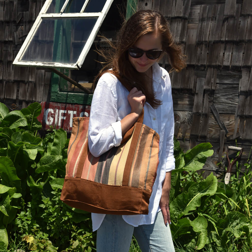 Hand Woven Market Tote | Wide Caramel Stripes