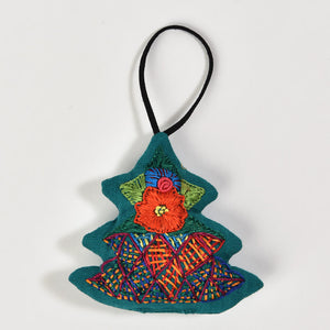 Teal tree embroidered Christmas ornaments.