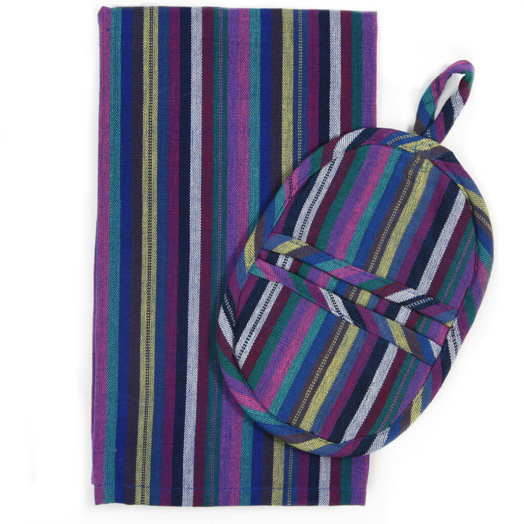 Hostess Gift Blue Towel & Potholder Set Fair Trade Mayamam Weavers