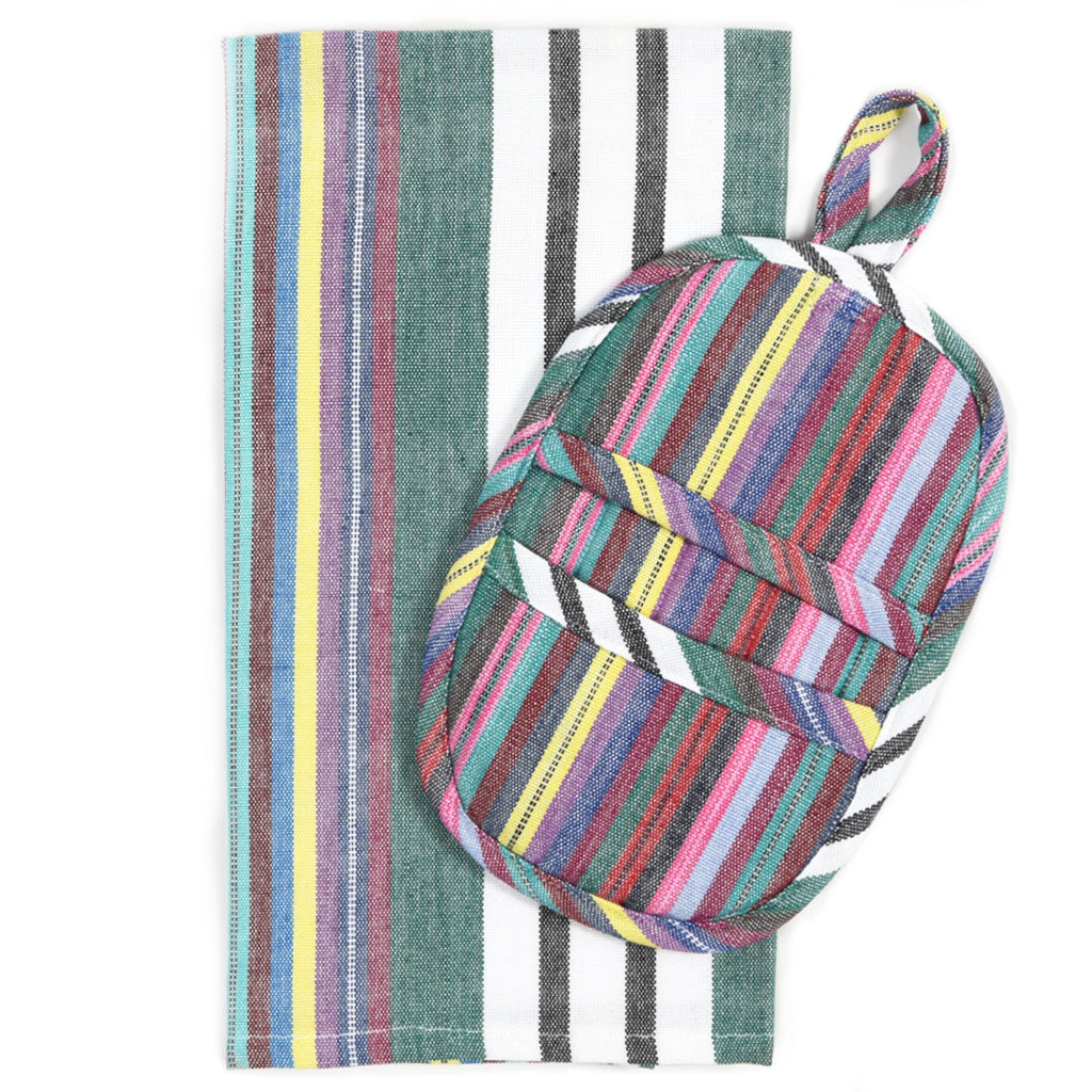 Hand woven Dish Towel & Pot Holder Gift Set | Soft Multi Stripes