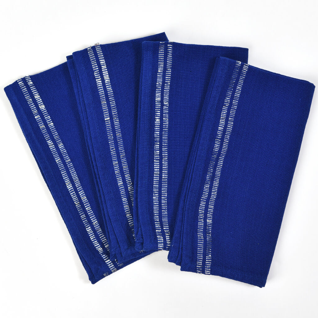 Hand Woven Sparkle Table Napkins | Cobalt Blue with Silver