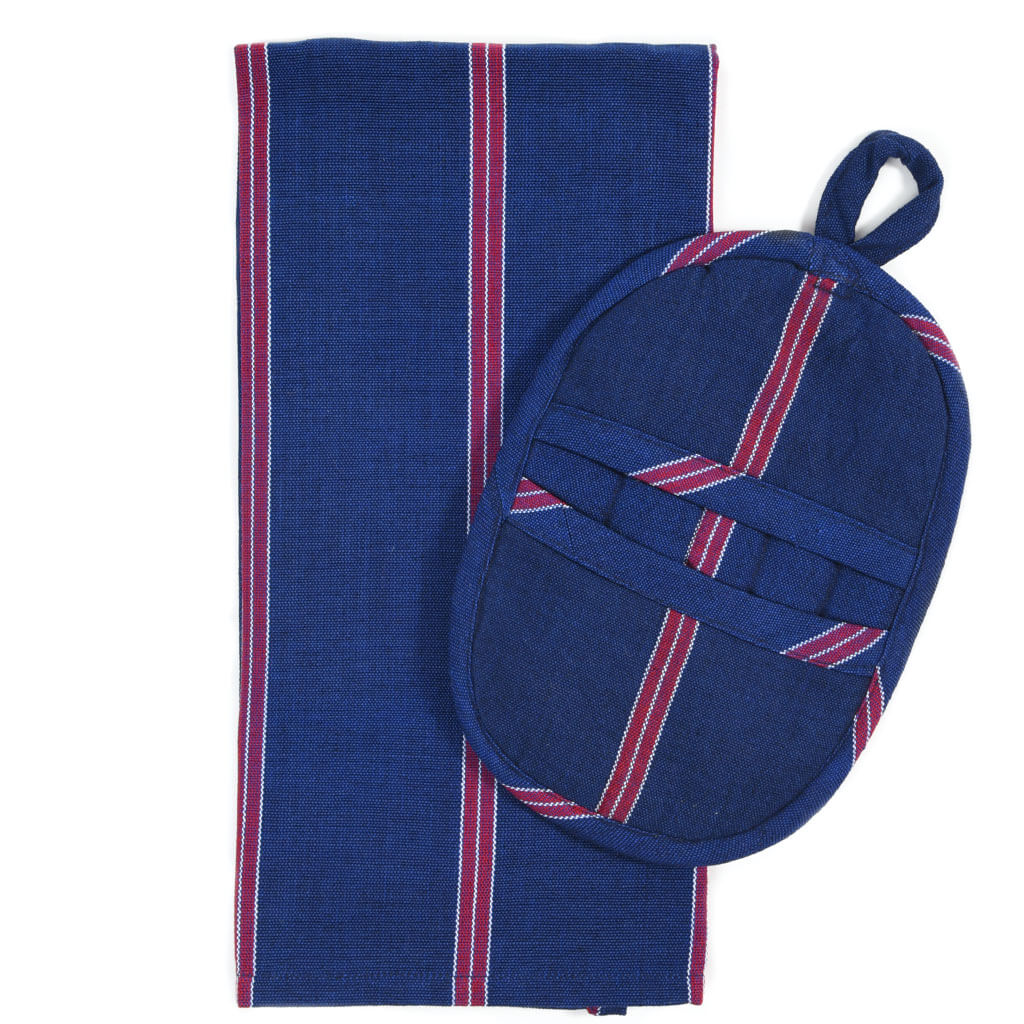 Hand Woven Dish Towel & Pot Holder Gift Set | Red White & Blues Stripes