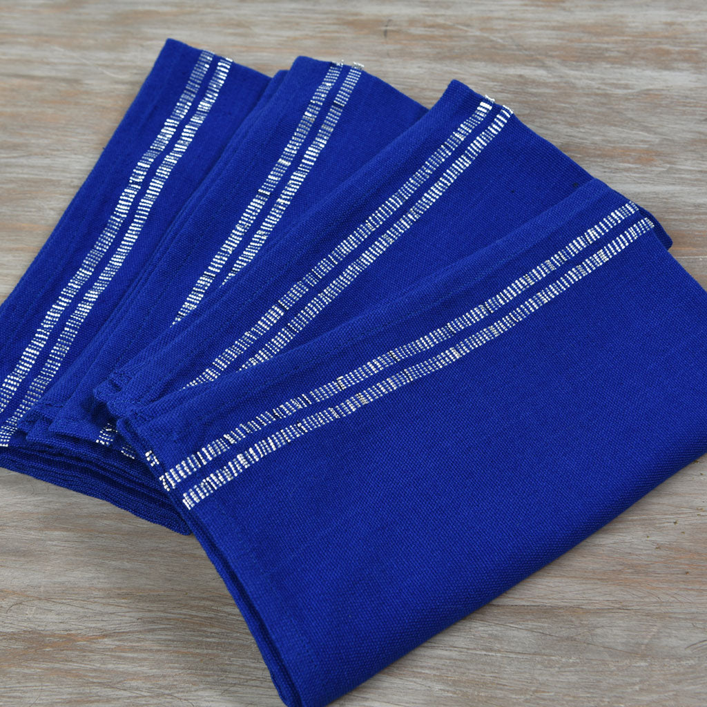 Hand Woven Sparkle Table Napkins | Cobalt Blue with Silver