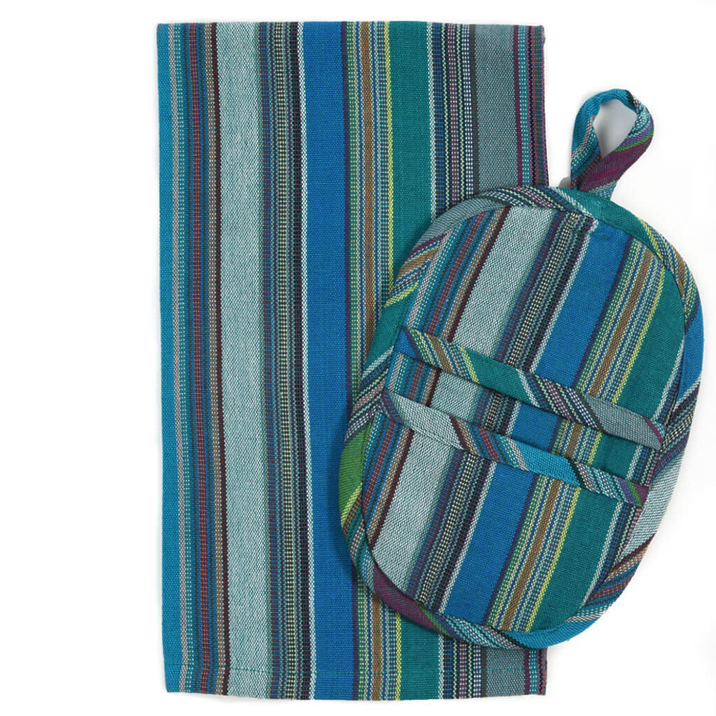 Hand Woven Dish Towel & Pot Holder Gift Set | Quetzal Jade Stripes