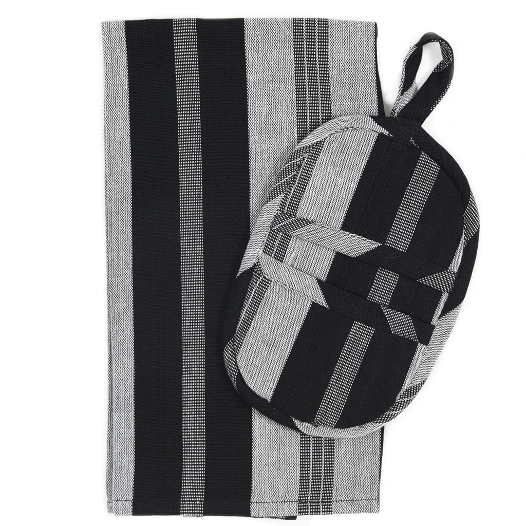 Hand Woven Dish Towel & Pot Holder Gift Set | Black & Gray Stripes