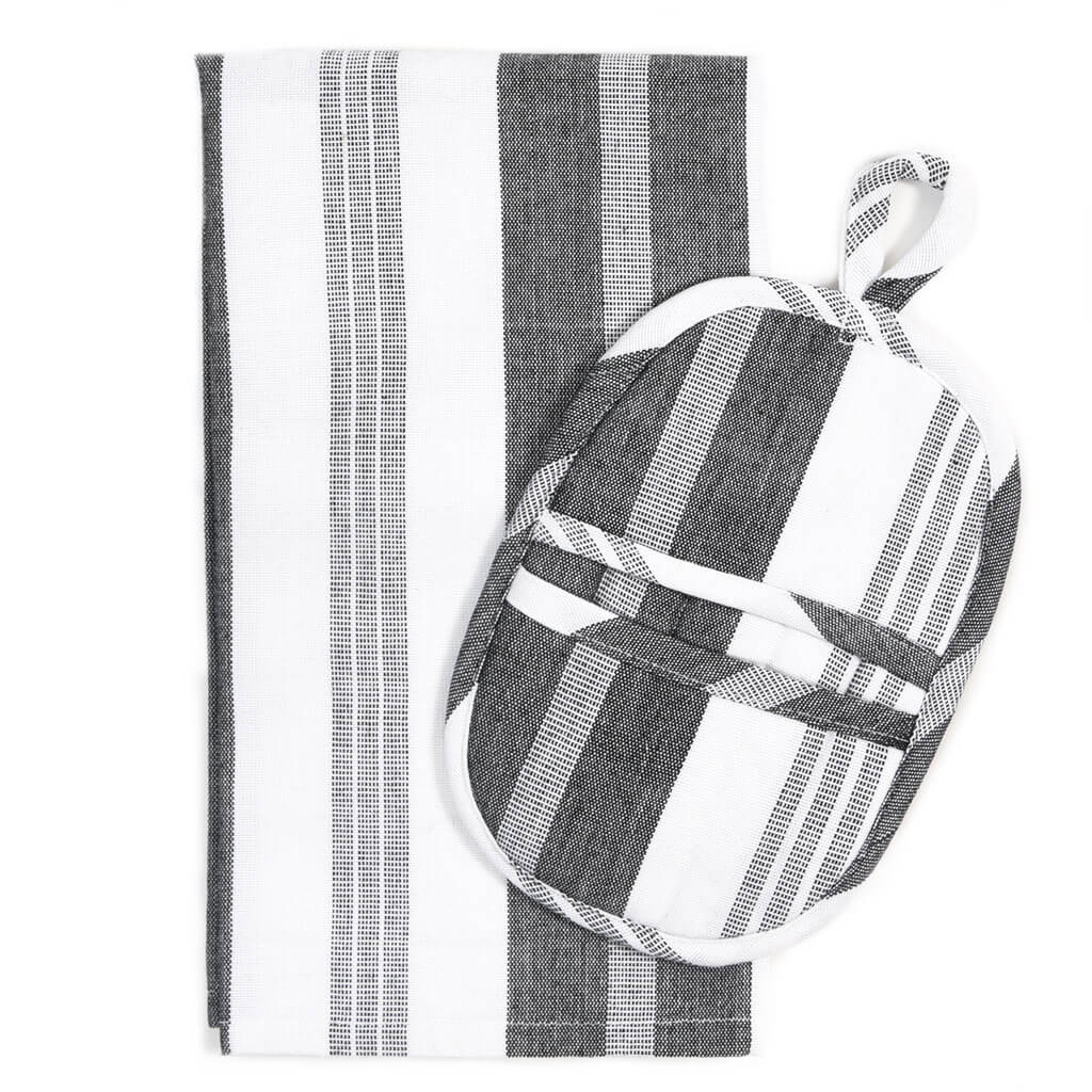 Hand Woven Dish Towel & Pot Holder Gift Set | Black & White Stripes