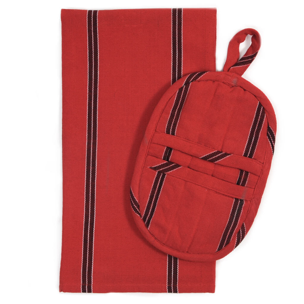 Hand Woven Dish Towel & Pot Holder Gift Set | Cajola Red Stripes