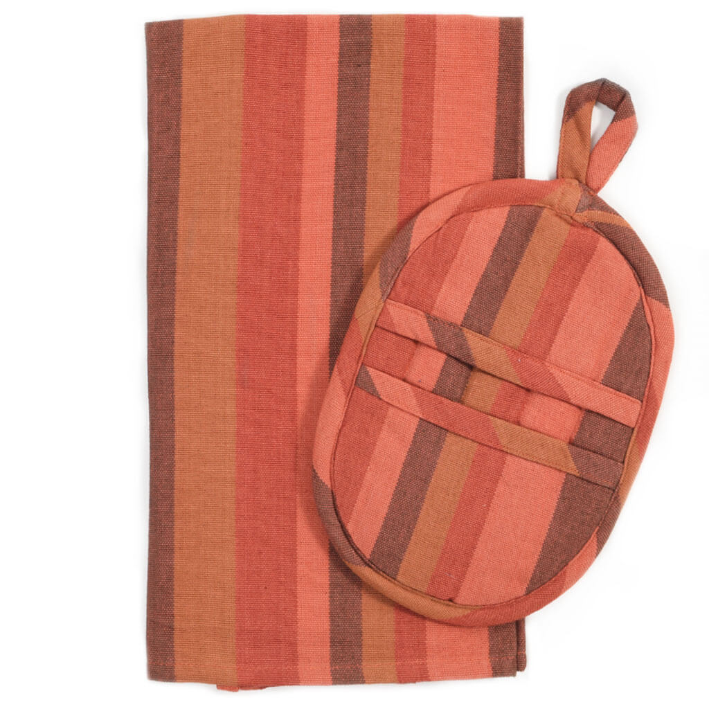 Hand Woven Dish Towel & Pot Holder Gift Set | Pumpkin Spice Stripes