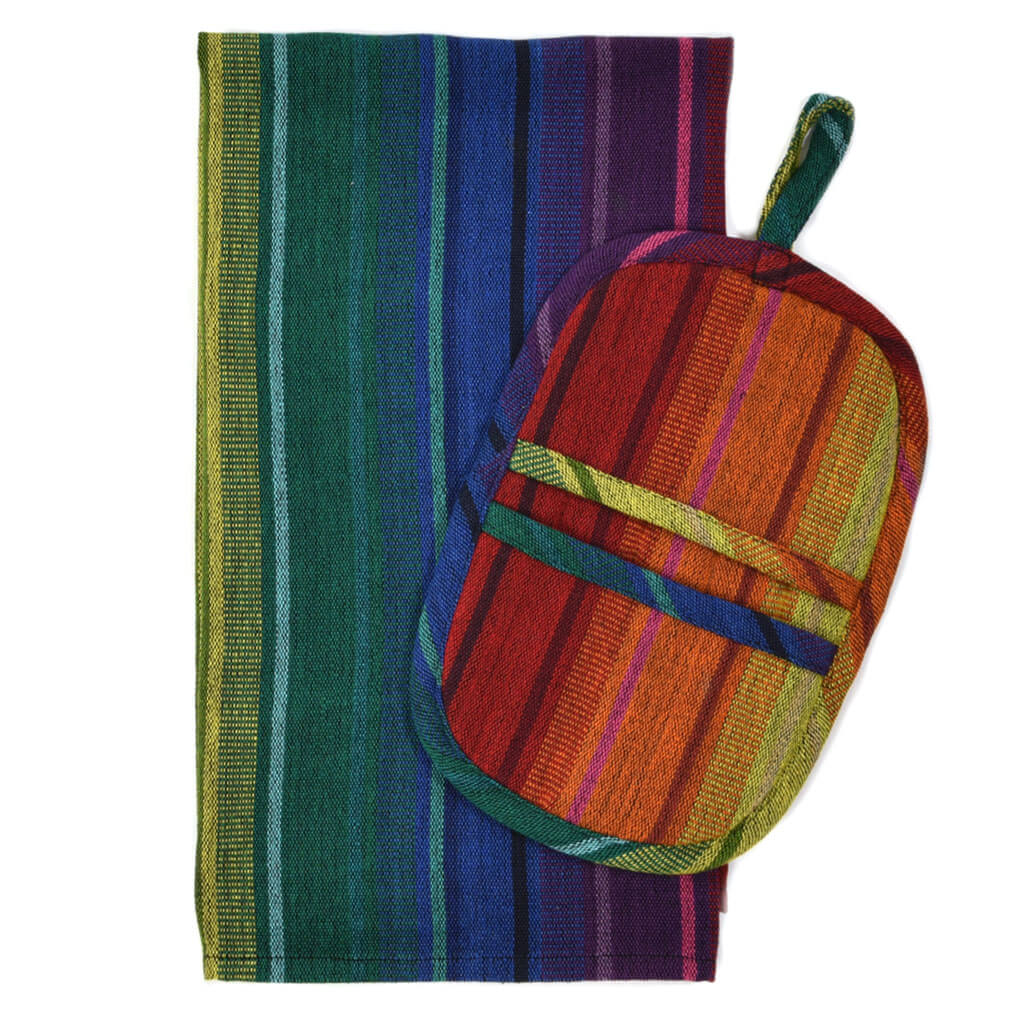 Hand Woven Dish Towel & Pot Holder Gift Set | Rainbow