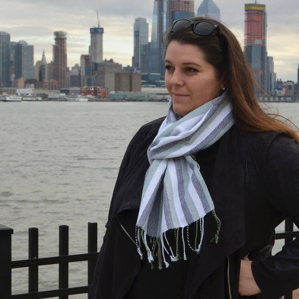 Hand Woven Cozy Scarf Black White Sage Fair Trade Mayamam Weavers