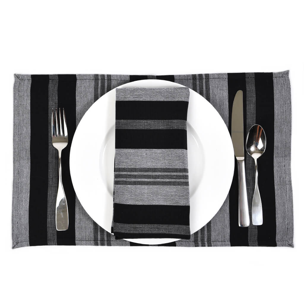 Hand Woven Striped Placemat Set | Black & Gray Stripes