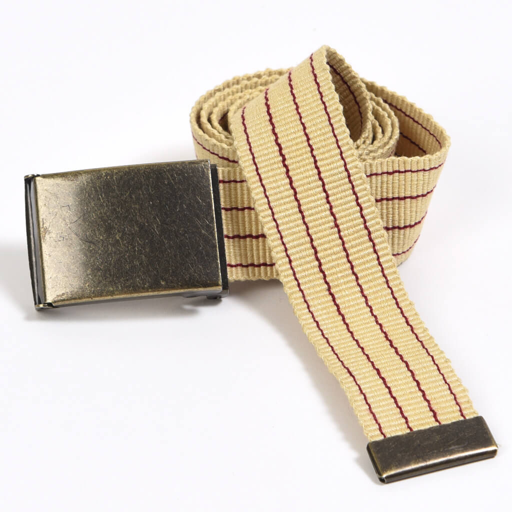 Men's handwoven canvas belt champagne with maroon pinstripes