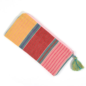 Yellow, red and pink whit stripes pencil case. 